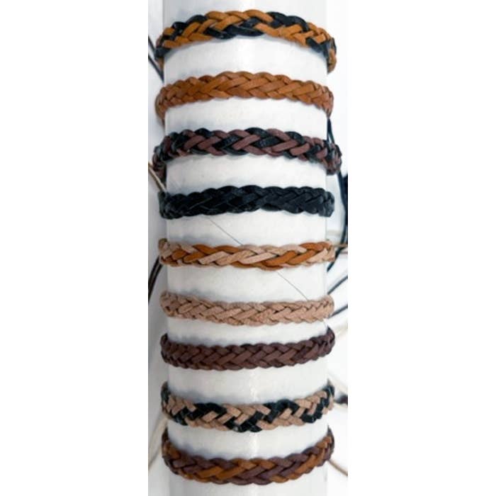 Bracciale a cursore regolabile in pelle intrecciata di colore naturale per la vendita all'ingrosso da parte di Peaceful Village Inc.