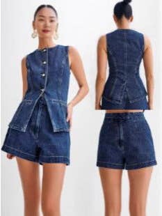 Women Fashion Casual Sleeveless Vest And Denim Shorts Two-Piece Set for wholesale on Faire5