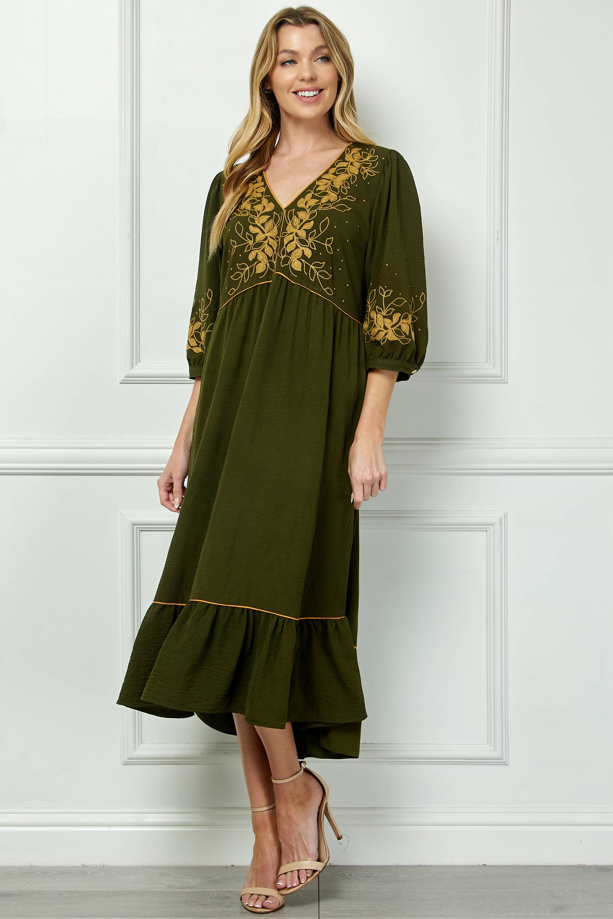 ARMY PIPED FRONT TIERED DRESS WITH EMBROIDERY for wholesale on Faire4