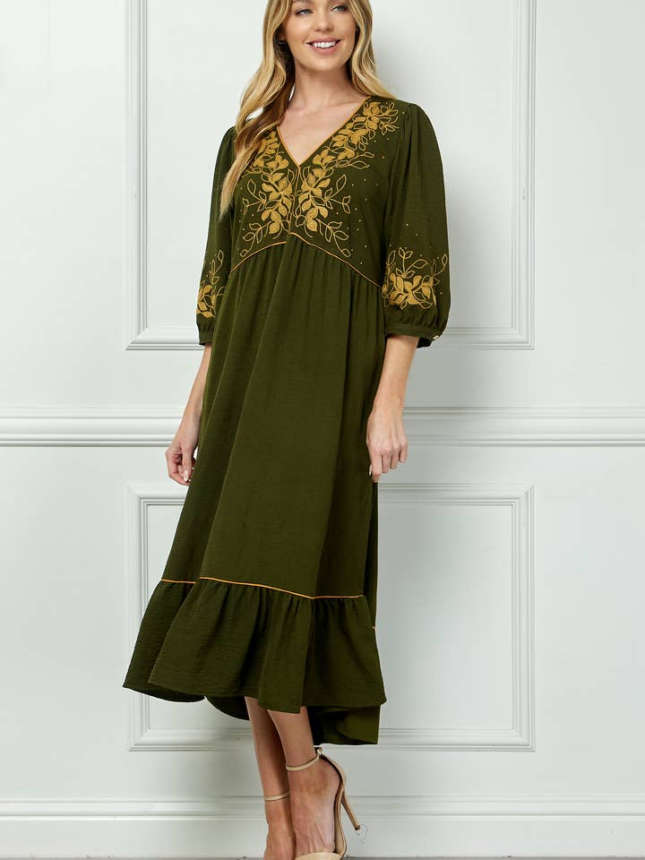 ARMY PIPED FRONT TIERED DRESS WITH EMBROIDERY for wholesale on Faire4