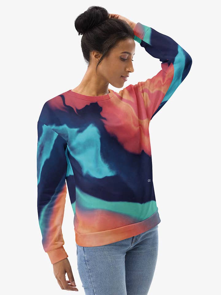 Recycled Fleece Sweatshirt "Funky Clouds" Blue/Terracotta for wholesale by Loony Legs