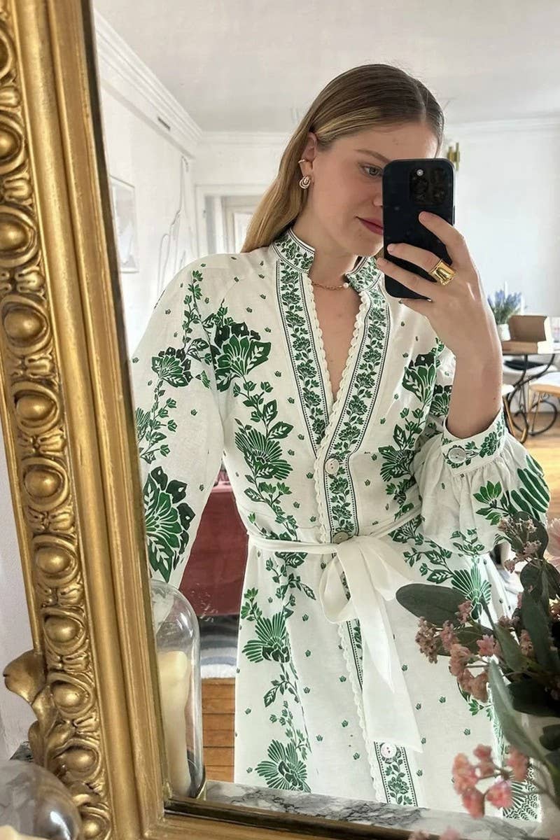 GREEN CWDMD4143_V-NECK LANTERN SLEEVE PRINTED LONG DRESS for wholesale on Faire1