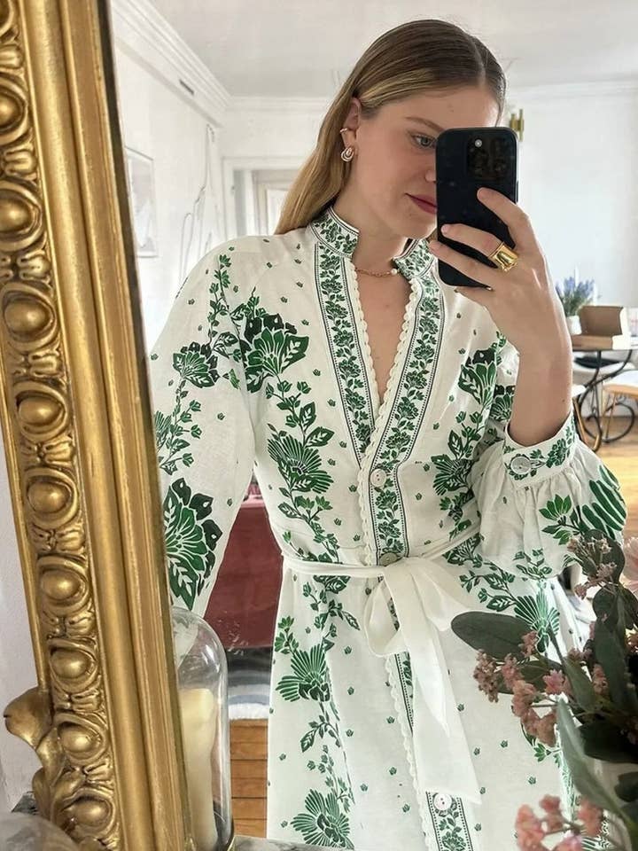 GREEN CWDMD4143_V-NECK LANTERN SLEEVE PRINTED LONG DRESS for wholesale on Faire1