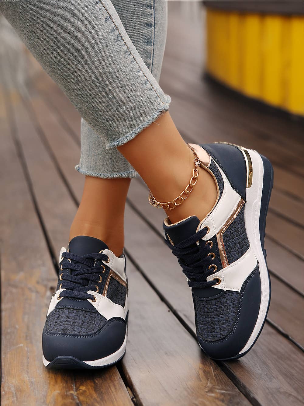 Sail Blue Glitter Patched Lace-up Wedge Sneakers for wholesale on Faire2