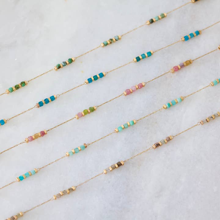 Mesa Blue - Wholesale Beaded/Pearl Necklace - Square Stone Beaded Chain - Apatite, Amazonite, Labradorite,