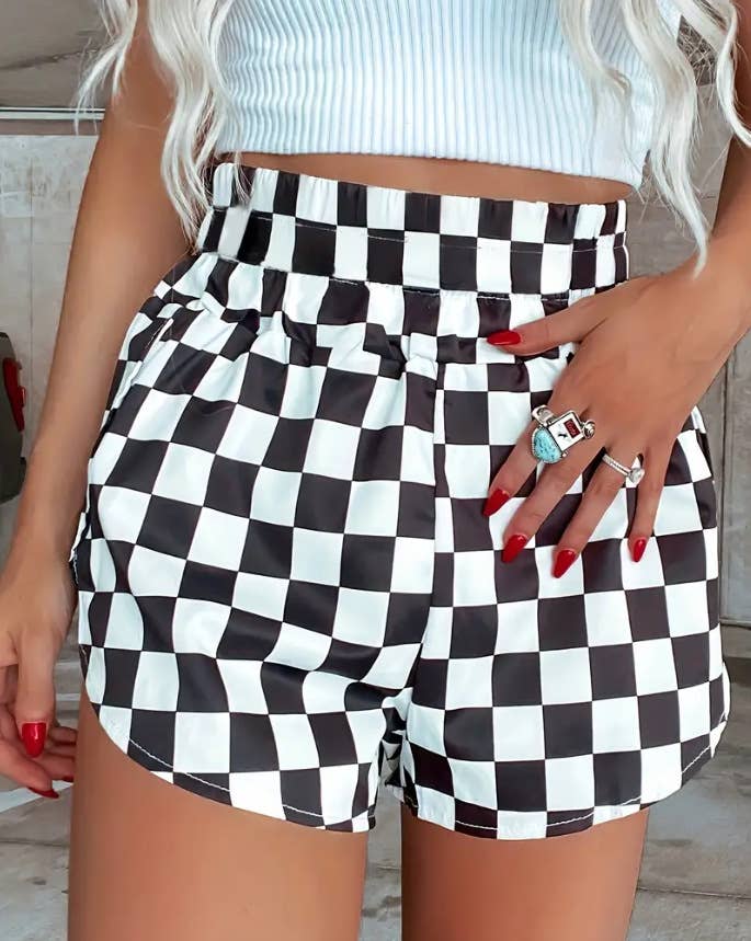 Black classic checkered high rise waistband shorts for wholesale on Faire