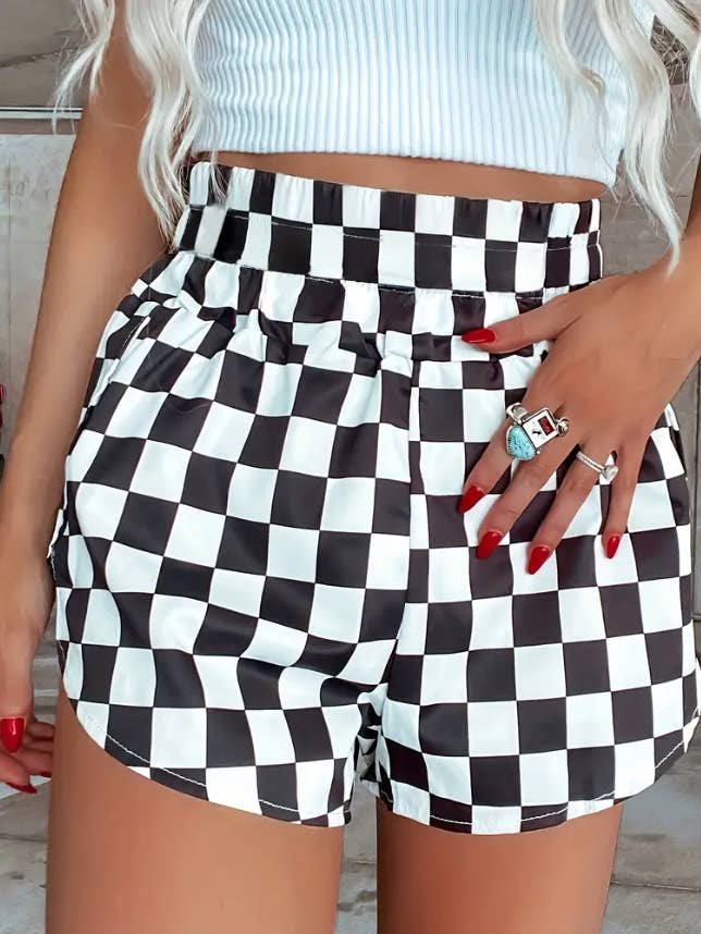 Black classic checkered high rise waistband shorts for wholesale on Faire0