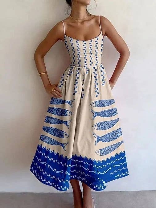 Rosa Clothing - Wholesale Dress - Women's - Vintage Puzzle & Sardine Print Sling Dress