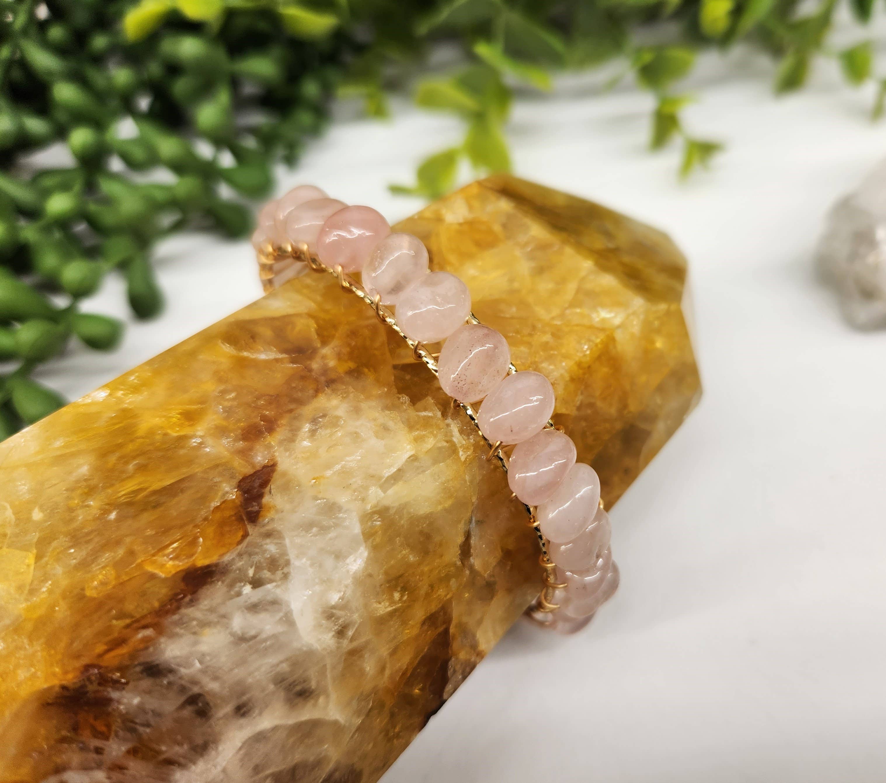 Meraki Gemstones - Wholesale Cuff Bracelet - Rose Quartz Bangle/Cuff/Wire Wrapped -18kt. Gold Overlay4