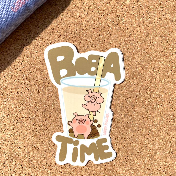 Giddy Piggies Boba Time Glossy Sticker for wholesale by Giddy Piggies