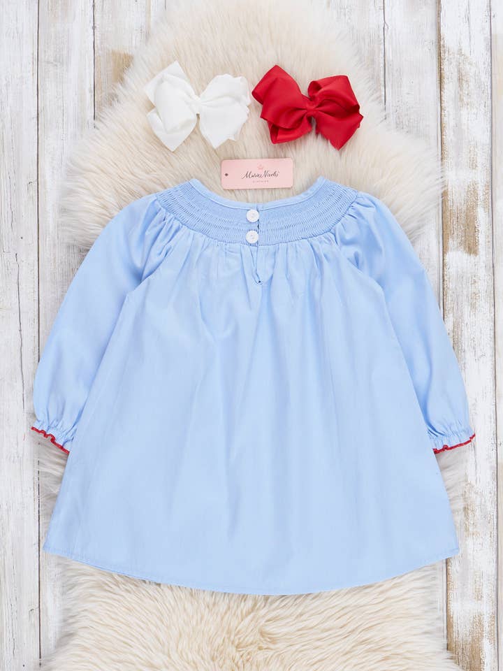 Marie Nicole Clothing - Wholesale Dress - Kids - Blue Chambray Smocked Santas Ruffle Dress