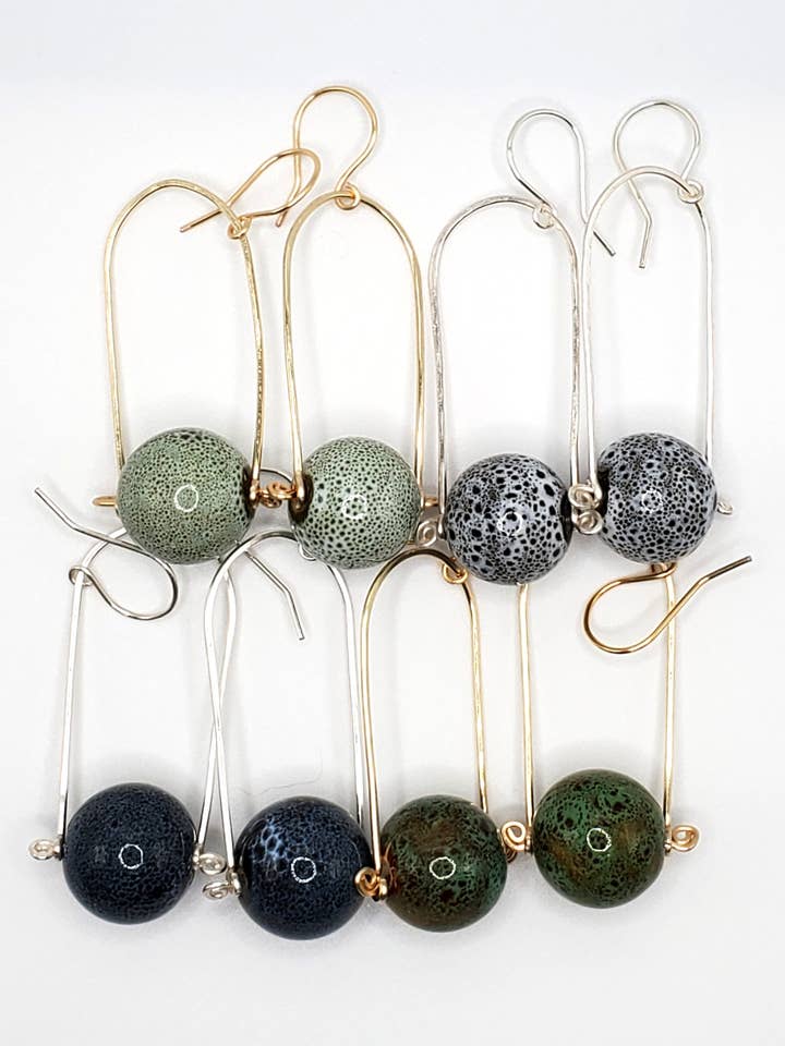 Earrings, Swinging Arches w/ Ceramic Orbs, Cool Colors for wholesale by Jezabel Adornment