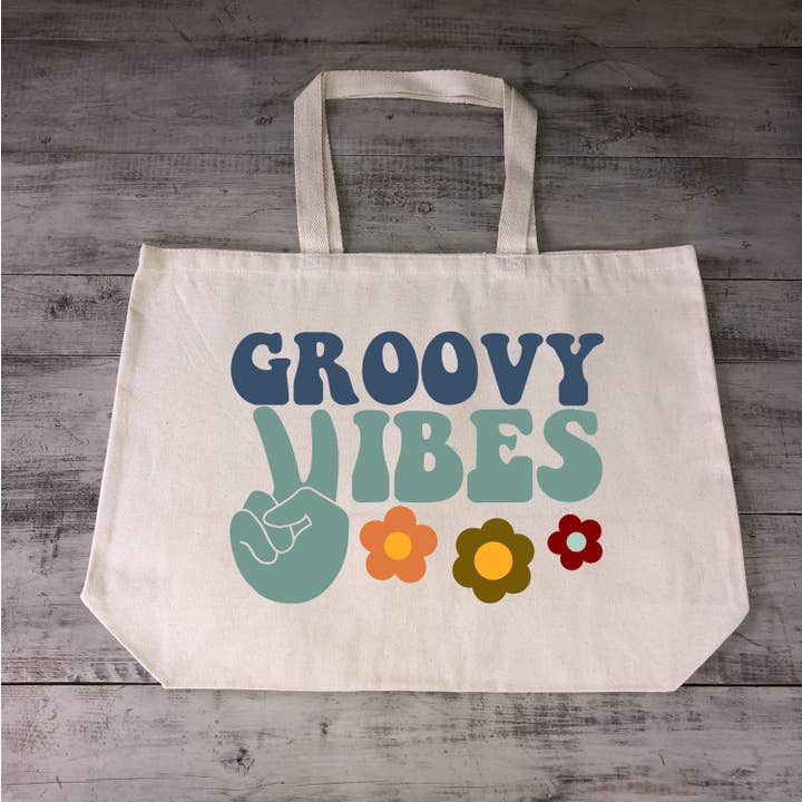 Groovy Vibes herbruikbare draagtas van jumbo canvas van zwaar katoen voor wholesale door by BellaBlue