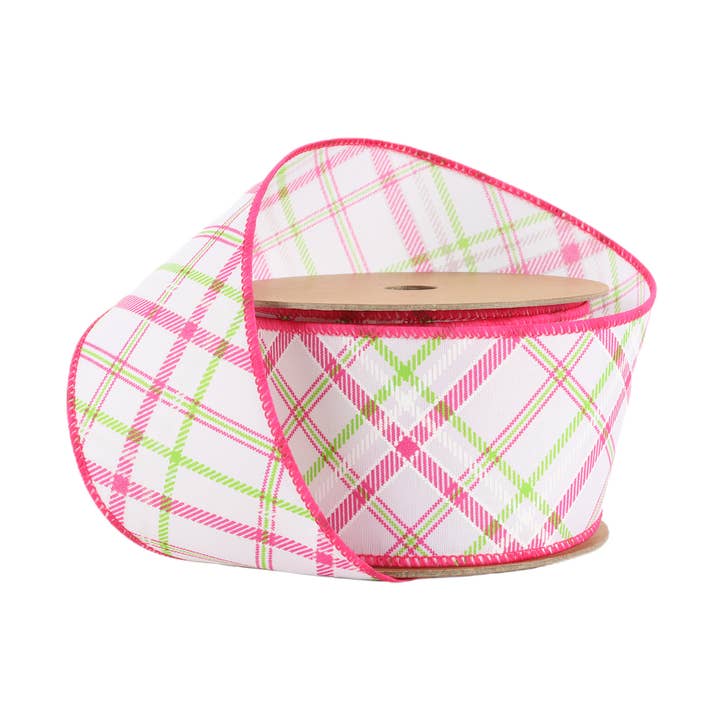 Ruban filaire | Blanc avec plaid en biais rose pastel et vert pour la vente par LA Ribbons Wholesale