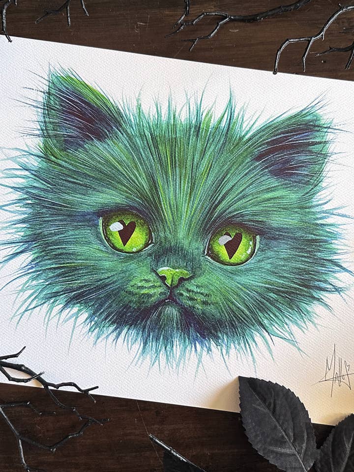 Smaragdener Blick (Grüne Katze) Kunstdruck für den Großhandel von Mallory Hart Art