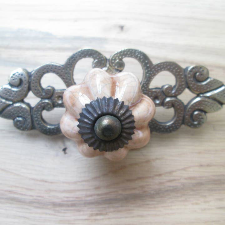 Pink Ceramic Cabinet Knob with Antique Brass Back Plate for wholesale by IronmongeryWorld