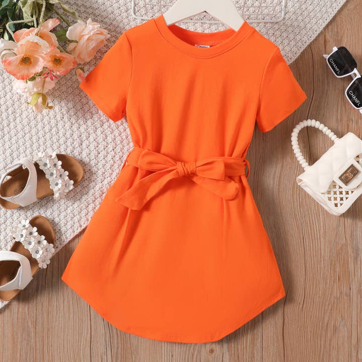 PatPat - Wholesale Dress - Kids - Toddler Girl Solid Curved Hem Short-sleeve Belted Dress