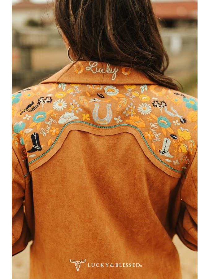LUCKY & BLESSED - Wholesale Blazer - Women's - Camel Suede Lucky Embroidered Sleeve /Yoke Blazer