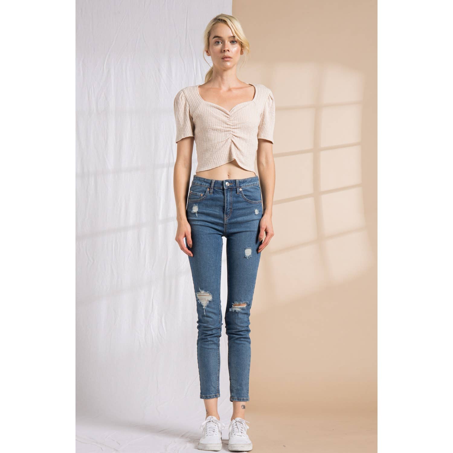 LENA - Wholesale Knit Top - Women's - Knit Rib Short Sleeve Sweet Heart Neck Cinched Top16