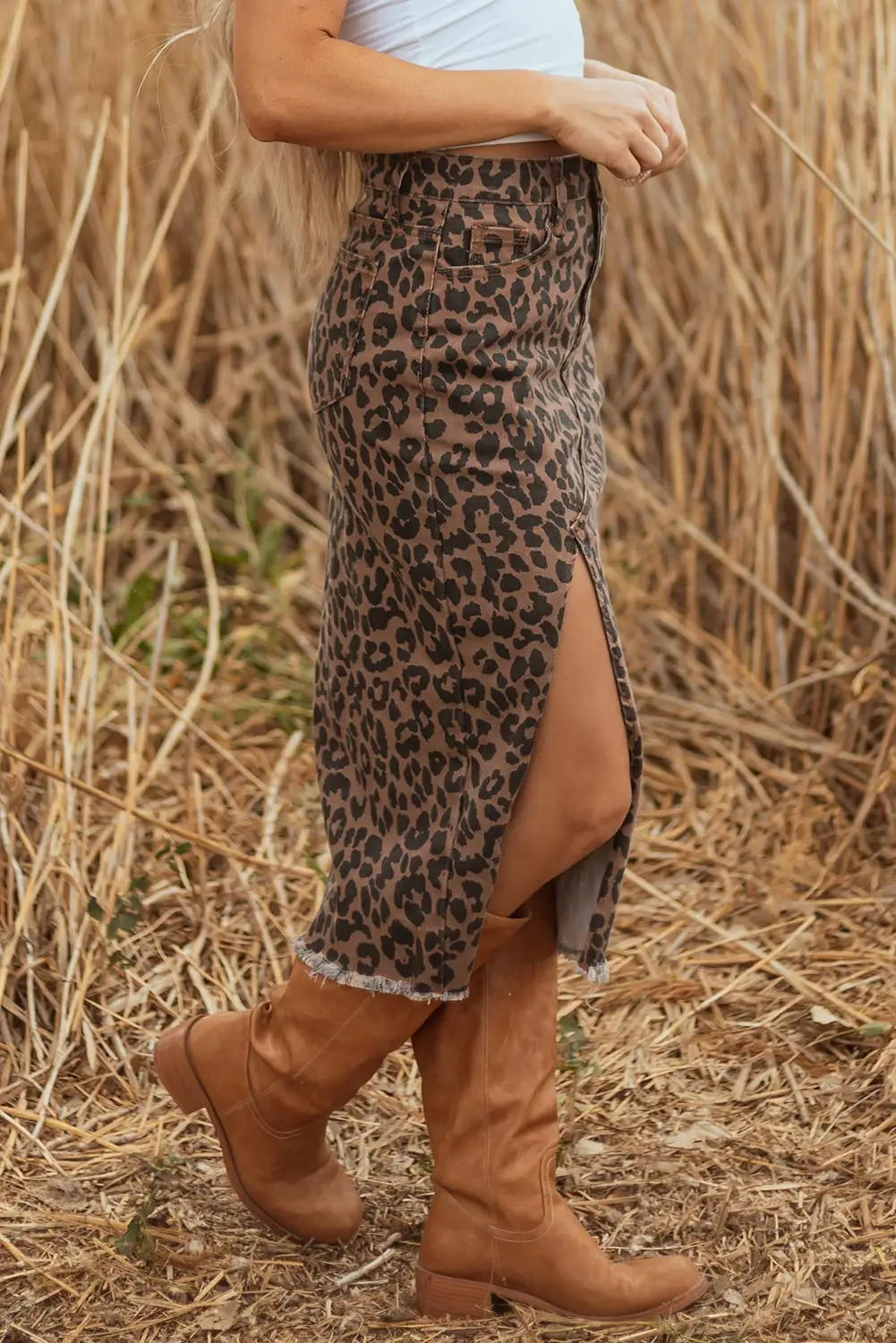 FULL TIME PURCHASE - Wholesale Skirt - Women's - Leopard Denim Frayed Split Denim Midi Skirt2