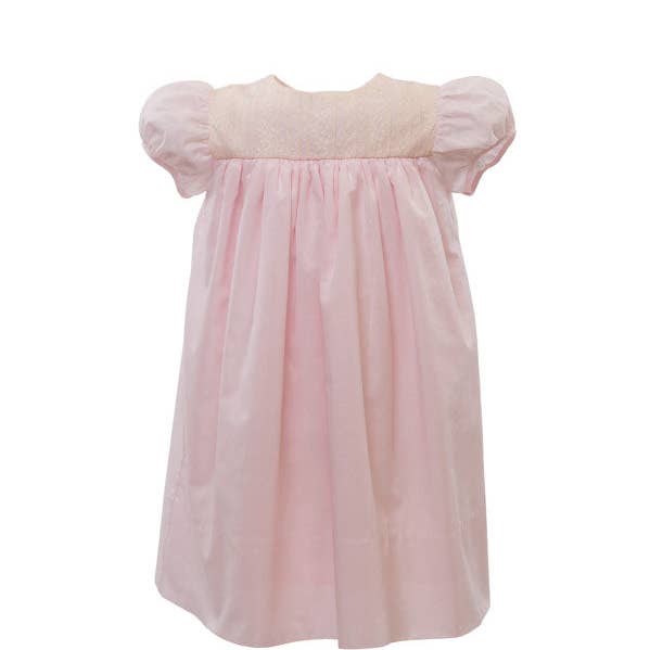 Vestito da bambina con sprone in pizzo rosa con pizzo écru. per la vendita all'ingrosso da parte di Angels and Company Clothing