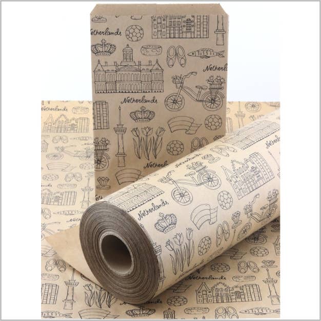 Mini Art Products – Großhandel Geschenkpapierrolle – Geschenkpapier aus braunem Kraftpapier mit Holland-Motiv – 50 cm x 150 m2