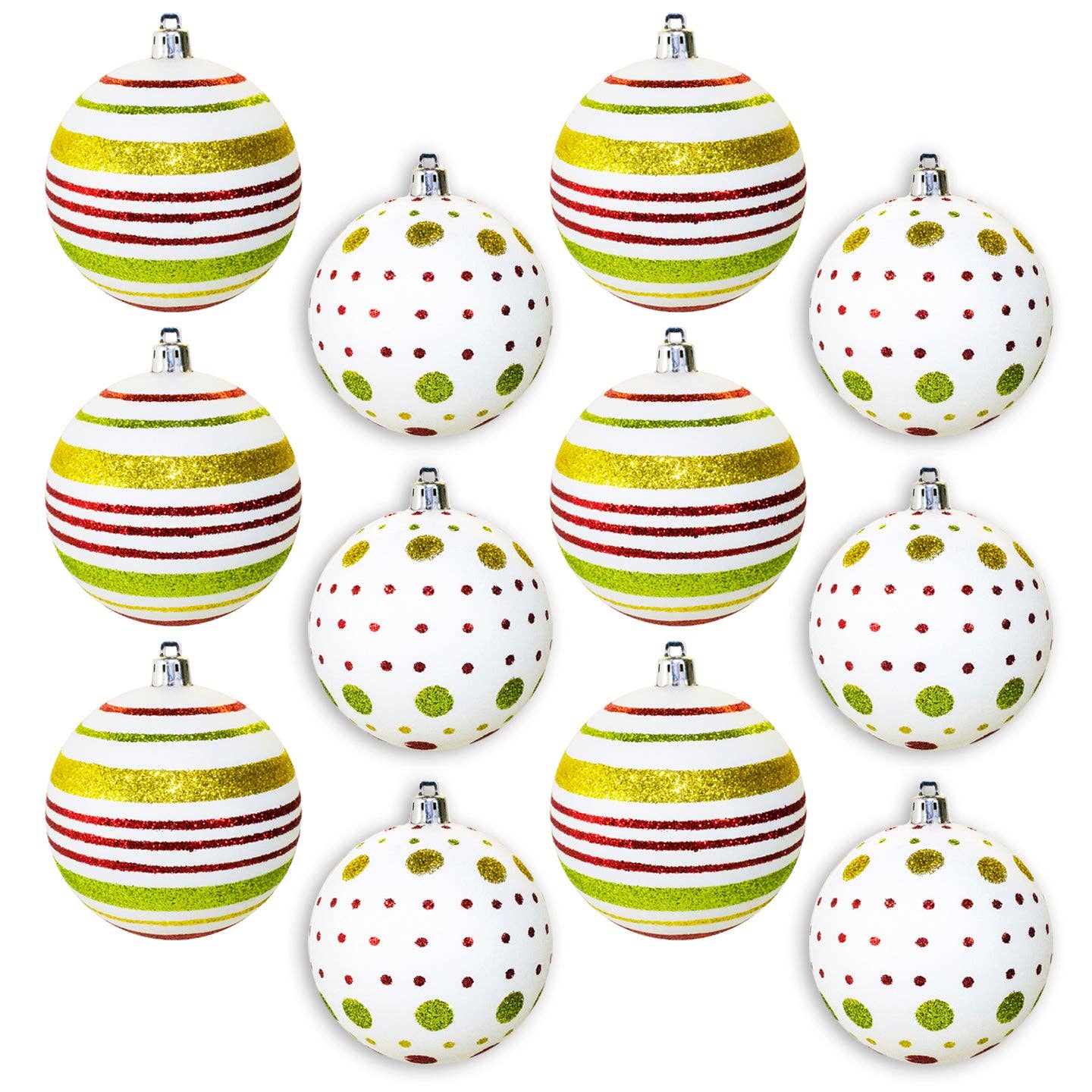 Winterland Inc. - Wholesale Ornament Set - 12 Pack of Matte White Ball Ornaments with Red and Lime Green Glitter Designs0