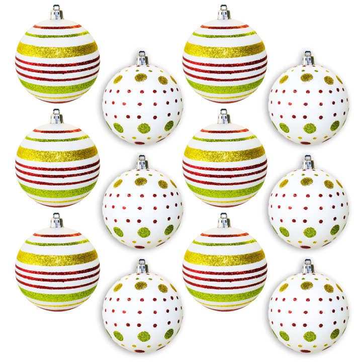 Winterland Inc. - Wholesale Ornament Set - 12 Pack of Matte White Ball Ornaments with Red and Lime Green Glitter Designs