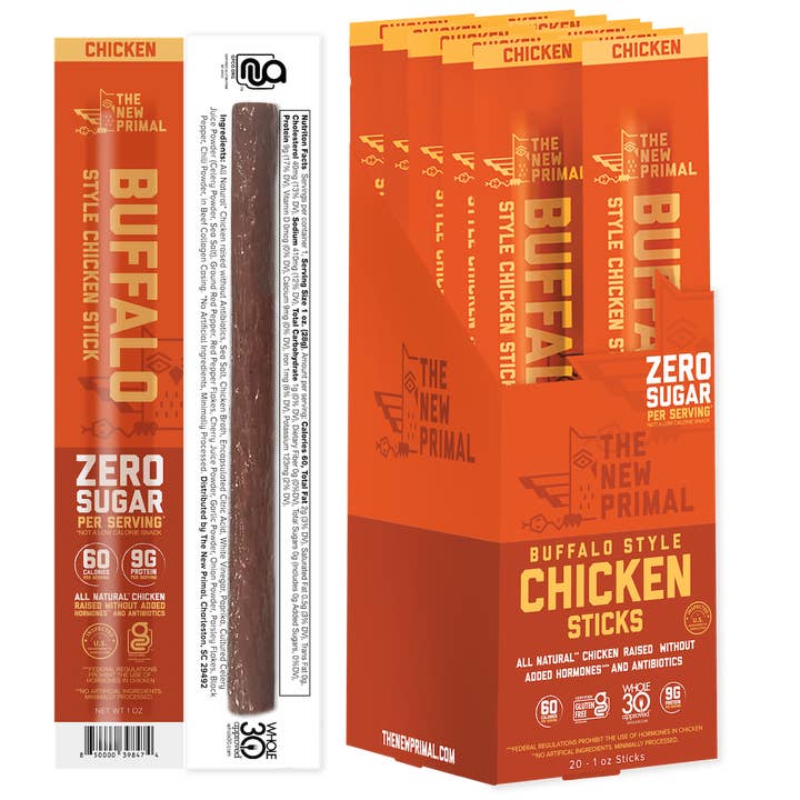 New Primal - Wholesale Jerky - Buffalo Style All-Natural Chicken Meat Sticks, Zero Sugar