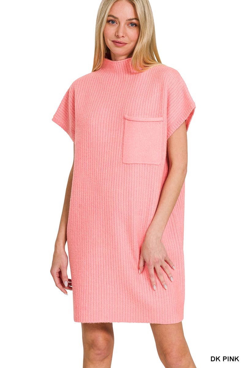 42POPS - Wholesale Dress - Women's - ..SI-26560 Mock Neck Short Sleeve Sweater Dress With Pocket10