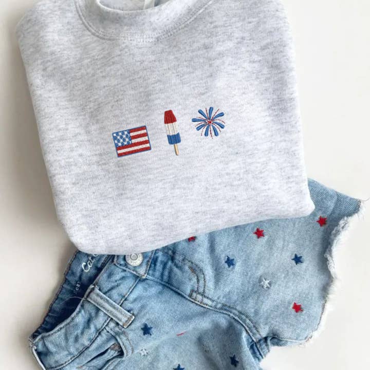 Kids 4th of July Icons Embroidered Crewneck Sweatshirt for wholesale by Arden & Gold