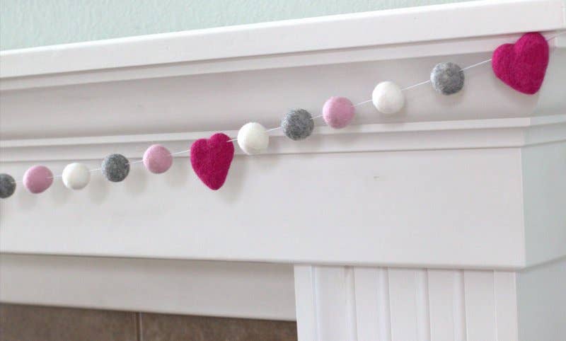 Matthew + Mae - Wholesale Bunting/Garland - Valentine's Day Garland- Pinks Gray White Felt Balls, Hearts5