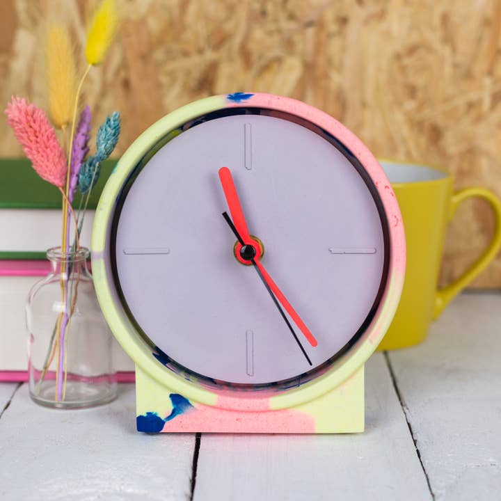 Neon Marbled Jesmonite Clock with Lilac Face for wholesale by Nine Angels