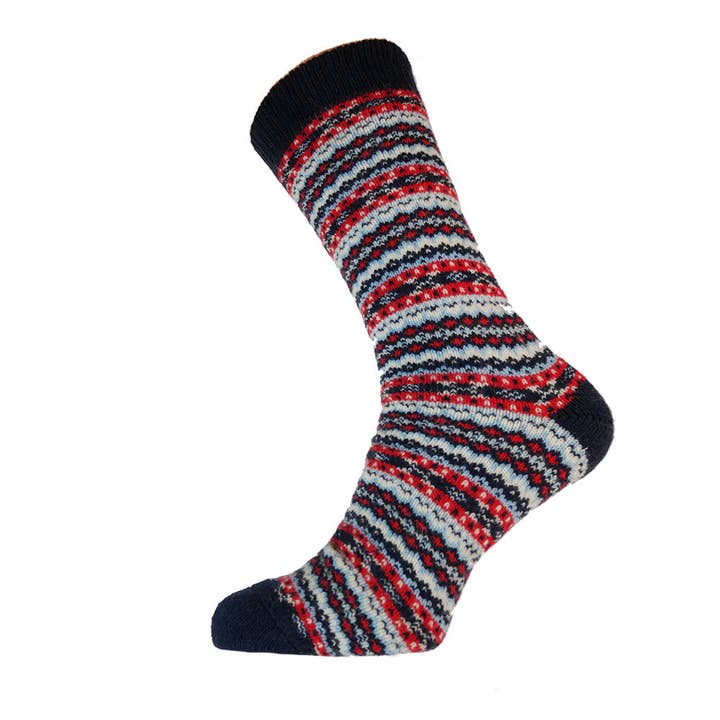 Chaussettes en mélange de laine à motif nordique bleu, rouge et blanc pour la vente par GEMJAR LTD