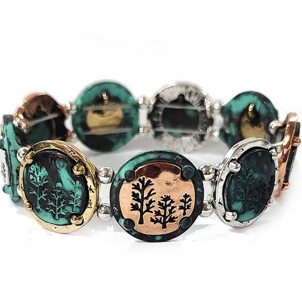 Trees On Circles Stretch Multipatina Bracelet for wholesale by Peaceful Village Inc.