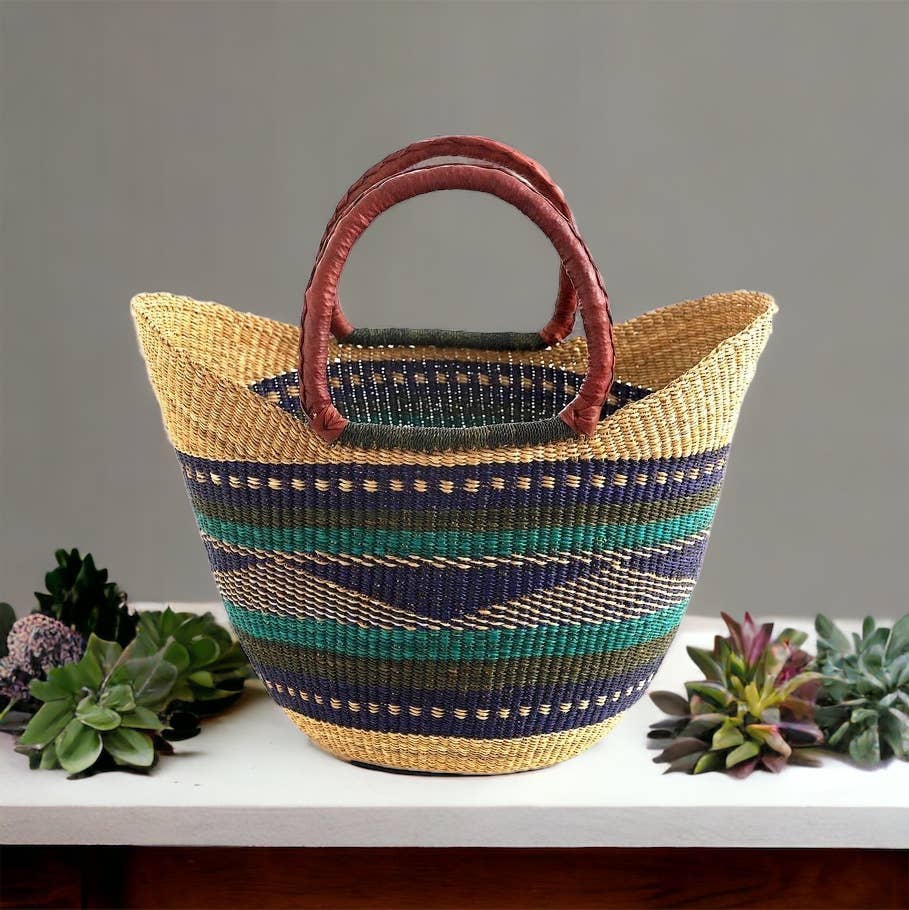 The African Home Goods - Wholesale Beach Bag - Green & Blue U-Shopper Ghana Beach Tote Bag/Basket6