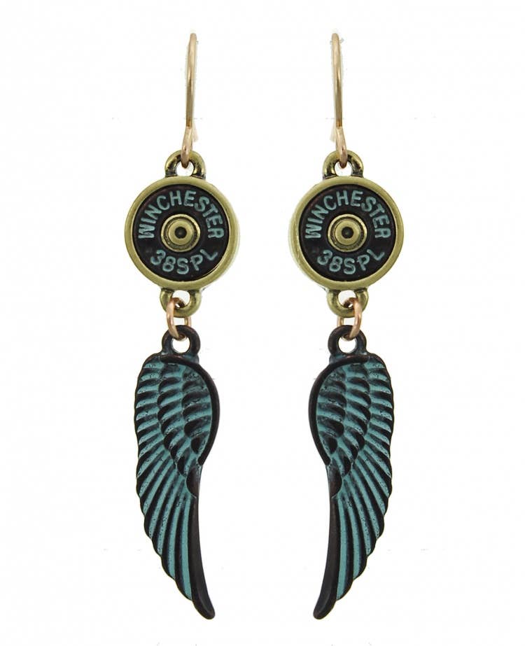 0011 PREMIERE - Wholesale Dangle Earrings - FR2241 Matte Gold Winchester Angel Wing Bullet Earrings2