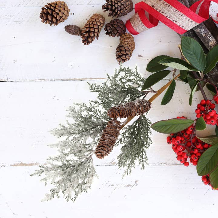 Larksilk - Wholesale Christmas Decoration - Box Of 6: Snow Pine Picks With Pine Cones Holiday Decor2