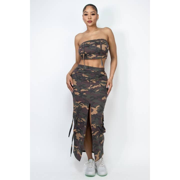 Top and Cargo Pockets Skirt Set Camo Print Solid for wholesale by SEXY STAR DESIGN INC