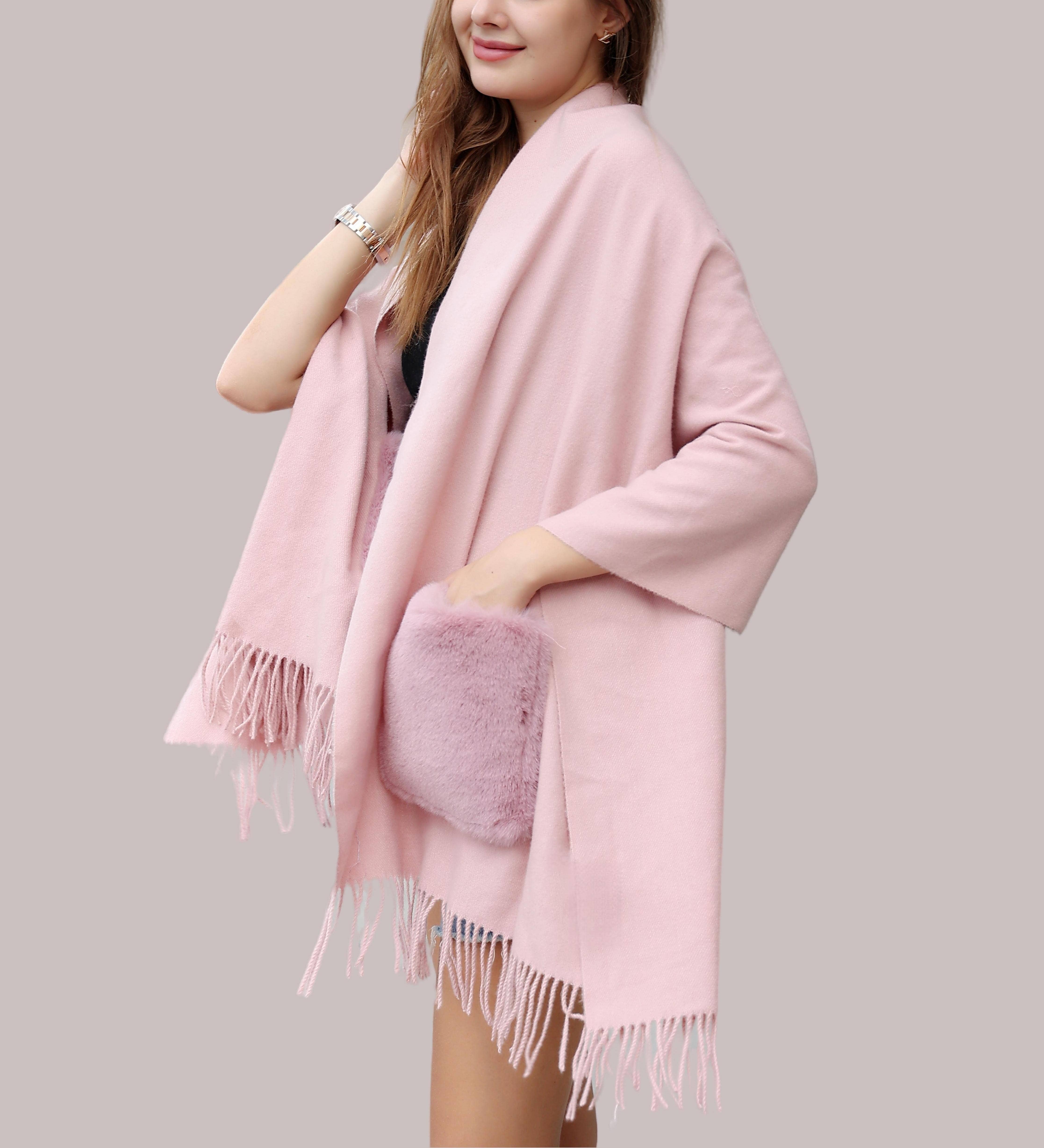 JC Sunny Fashion - Wholesale Scarf - Women's - Cashmere Blend Fur Pocket Scarf/Shawl 7