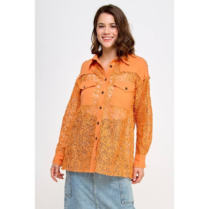 Veveret - Wholesale Button Down Shirt - Women's - Embroidered Lace See Through Gauze Shirt2