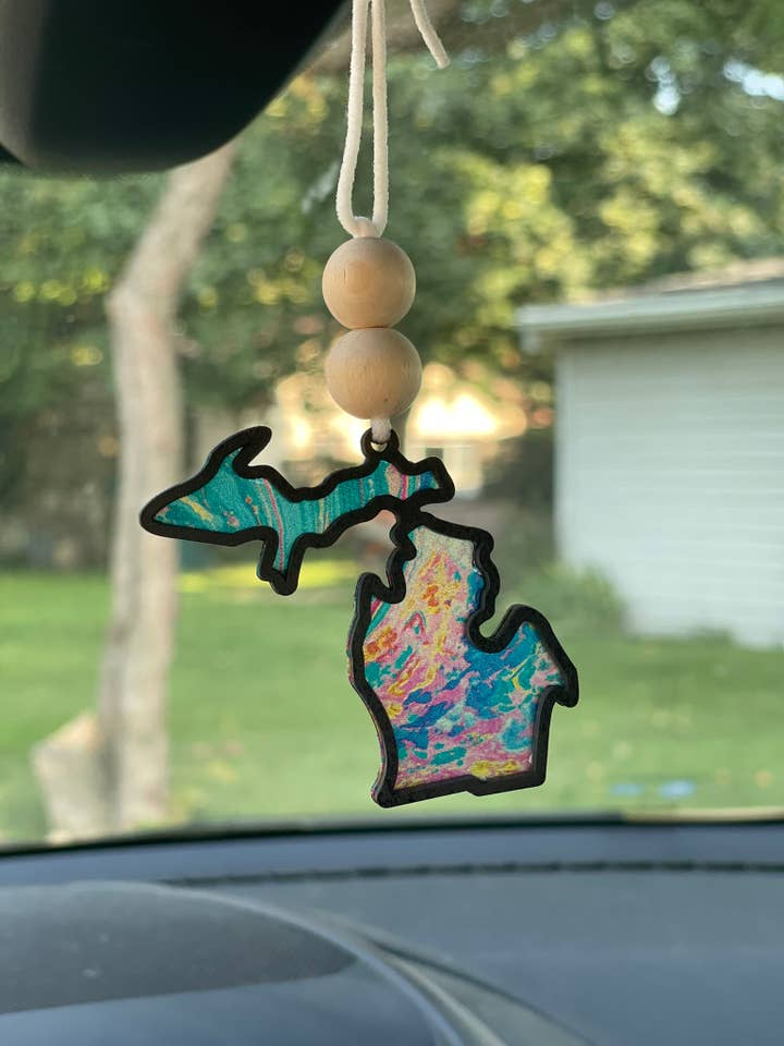 Michigan Suncatcher Car Charm Pink and Blue Paint Pour for wholesale by Michigan Proud Gifts