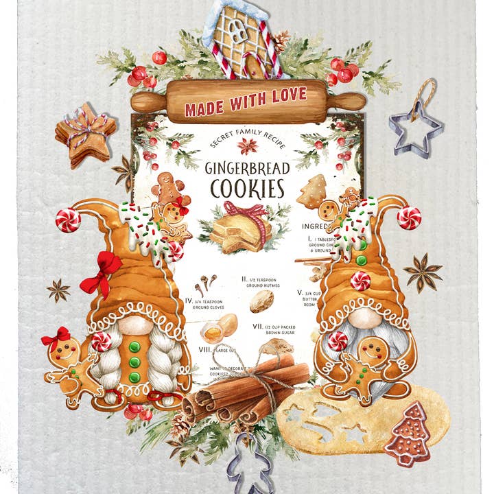 Avery Lane Gifts – wholesale Dishcloth – Christmas Gingerbeard Recipe Gnomes SWEDISH DISH CLOTH