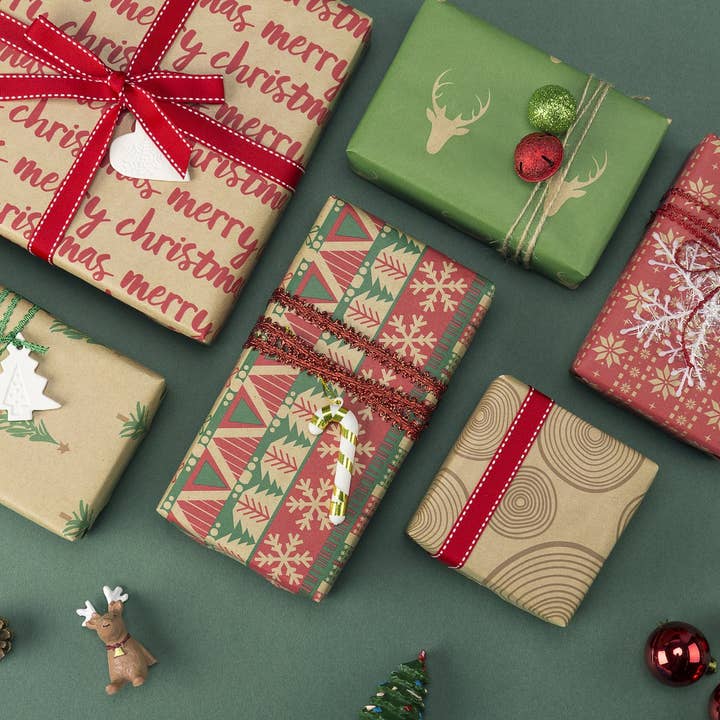 LA Ribbons Wholesale - Wholesale Wrapping Paper Roll - 30" x 10' Kraft Wrapping Paper | Knit Natural/Red/Green