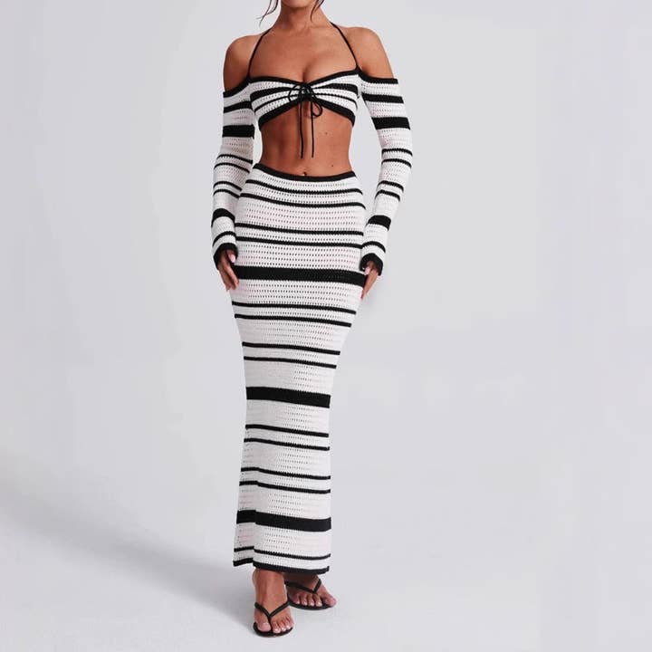 Striped Halter Long Sleeve Skirt Set Women N6A057 for wholesale by alberalkirk