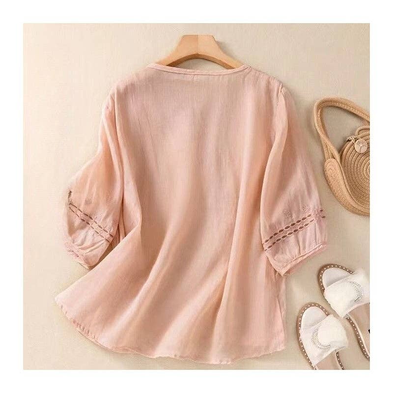 FurDecoration – wholesale Blouse – Women’s – Flowy Embroidered Linen Blouse - Perfect for a Sleek Silhouette5