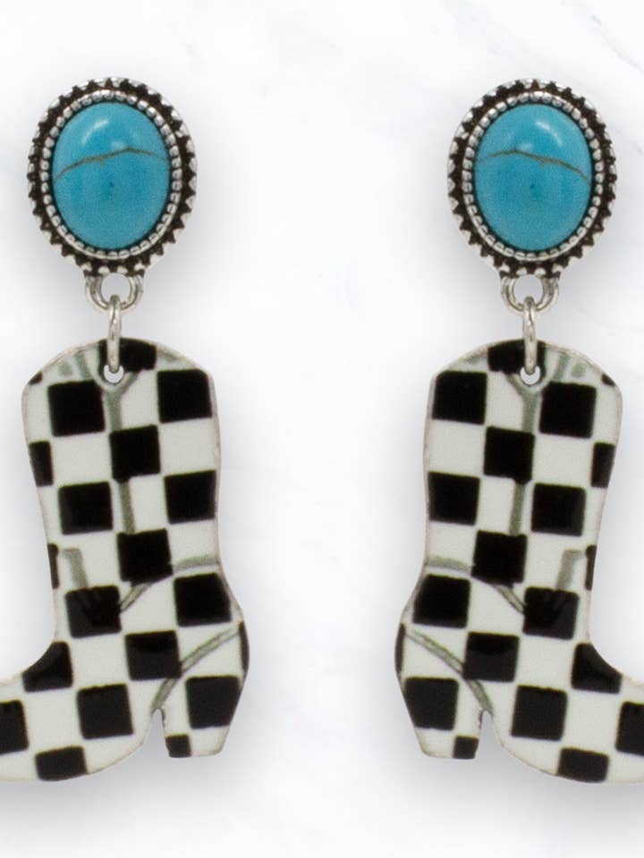 Orecchini a stivale da cowboy a scacchi per la vendita all'ingrosso da parte di Suzie Q USA