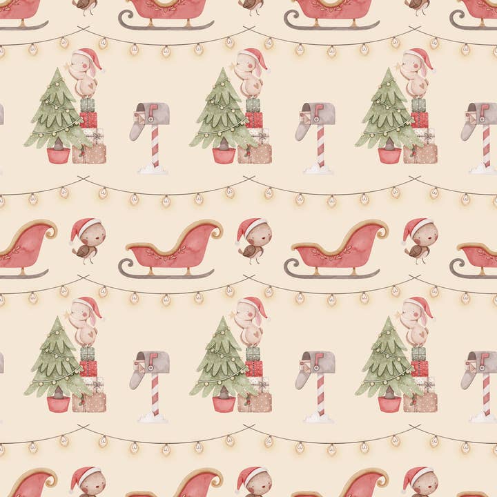 Christmas Tree & Baby Animals | Yellow Wrapping Paper Roll for wholesale by Waterleaf Paper Co.