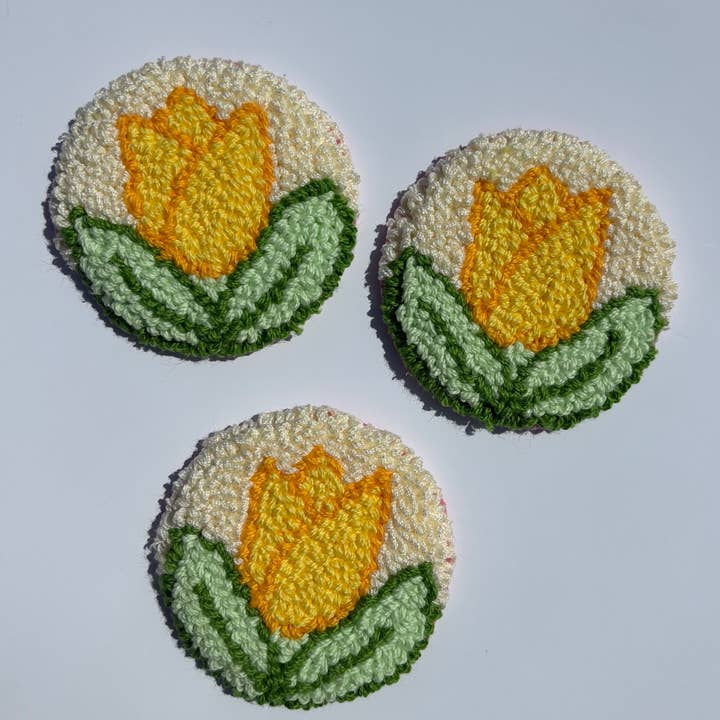 Honey Punches - Wholesale Car coaster – women's - Handmade punch needle yellow tulip car coaster, accessories