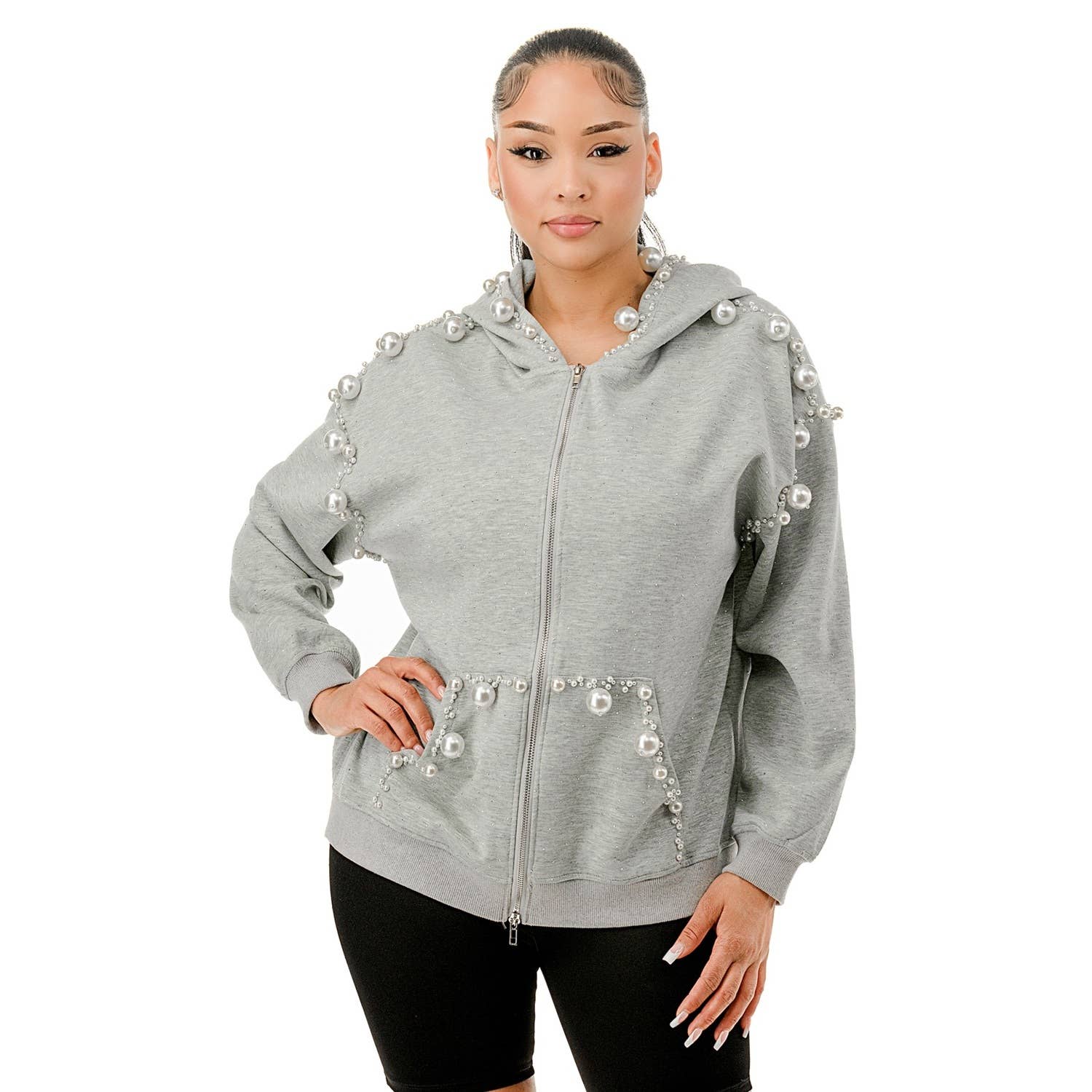 DORCAS - Wholesale Jacket - Women's - Big Pearls Zip Up Hoodie1